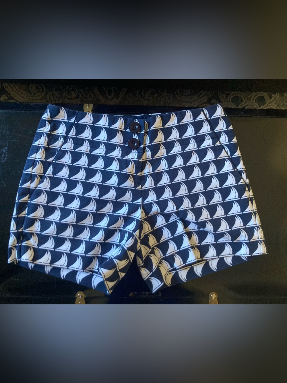 The Limited Navy and White Sailboat Pattern Button-Front Shorts